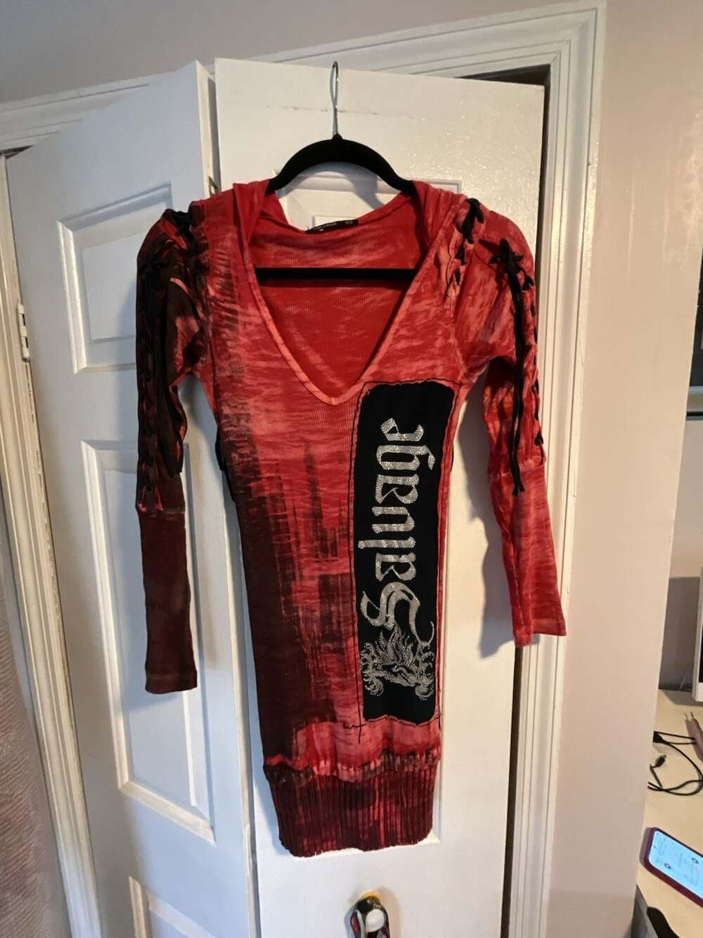 Salvage Y2K Grunge Red and Black Rhinestone Long Sleeve Hooded Top